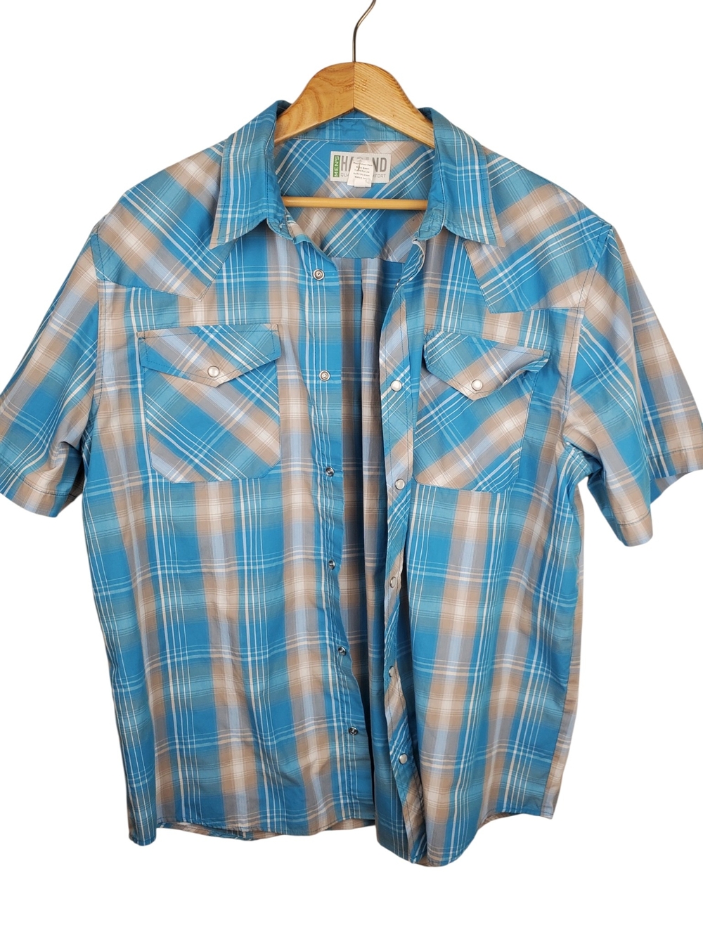 Haband Men's Blue and Tan Plaid Short-Sleeve Button-Down Shirt. LG. #343